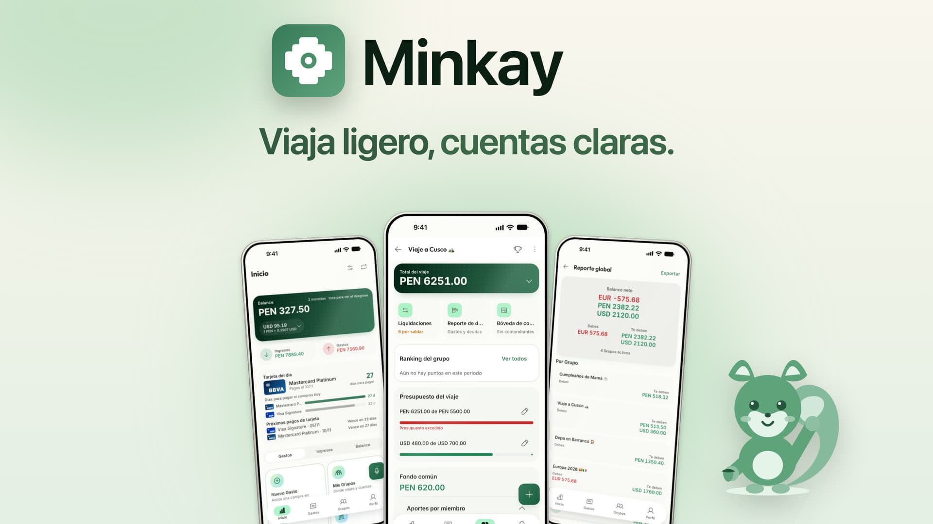Minkay, viaja ligero y cuentas claras: el logo, Mina la ardilla y tres pantallas de la app