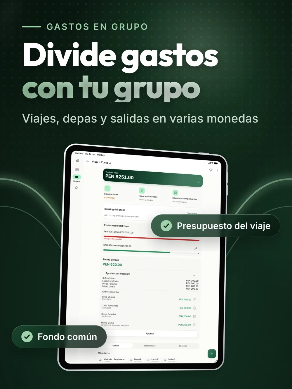 En iPad — Divide gastos con tu grupo: Viajes, depas y salidas en varias monedas.