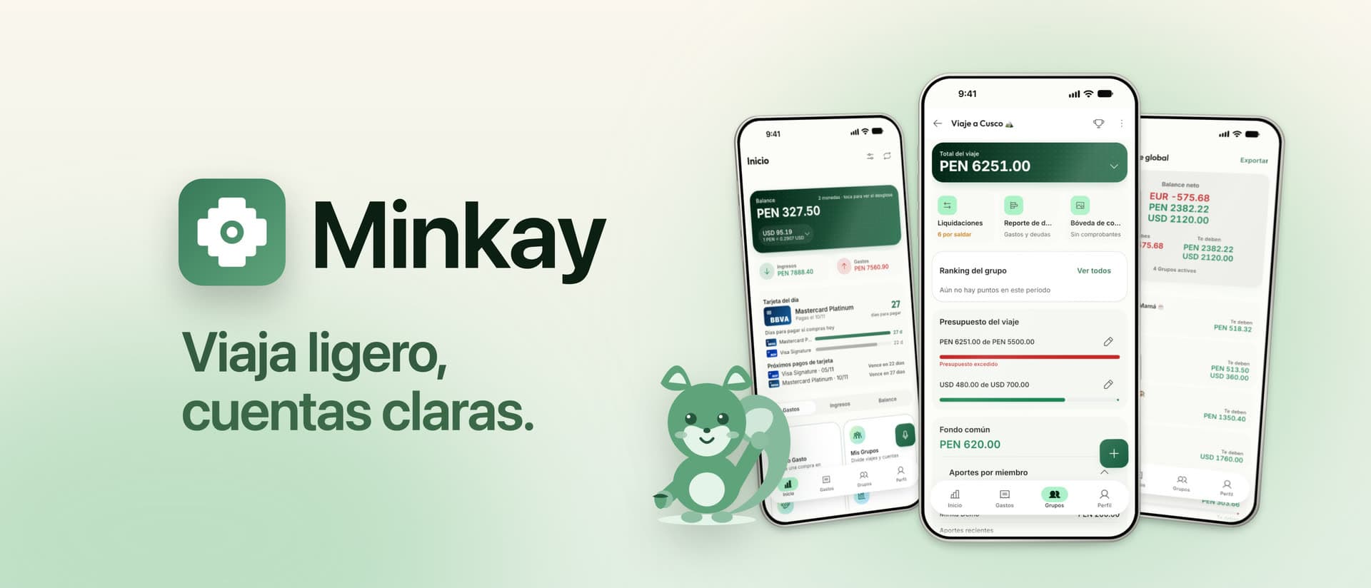 Minkay, viaja ligero y con cuentas claras: Mina la ardilla junto a tres pantallas de la app con el balance por moneda, un viaje en grupo y el reporte global