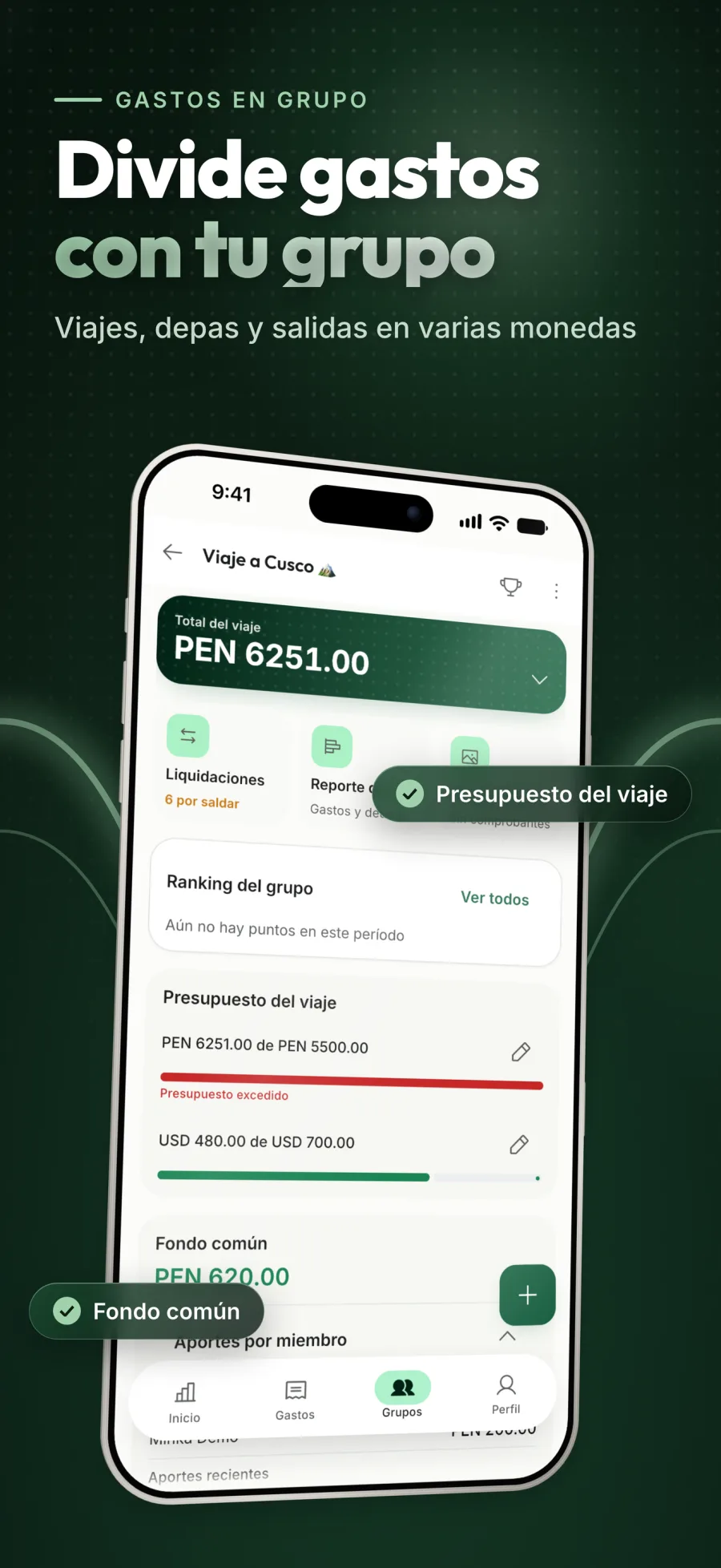 Divide gastos con tu grupo: Viajes, depas y salidas en varias monedas.